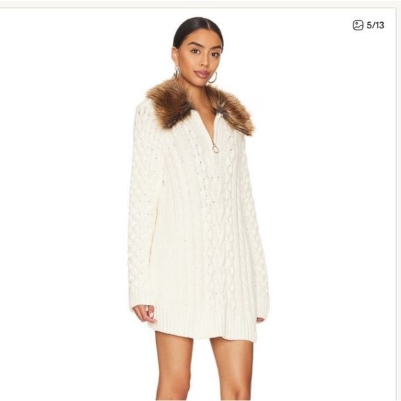 Show Me Your Mumu Sun Valley Pullover Cream Cable Knit Sweater Faux Fur Collar - Picture 10 of 15